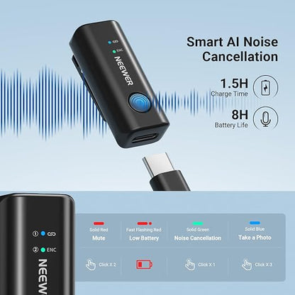 NEEWER KM23C Wireless Lavalier Microphone Compatible with iPhone Android Tablet PC Laptop, Omnidirectional 48K/24Bit 20-20KHZ AI Noise Cancellation Mute 70m Range 32h Total Battery (1x RX + 4X TX)