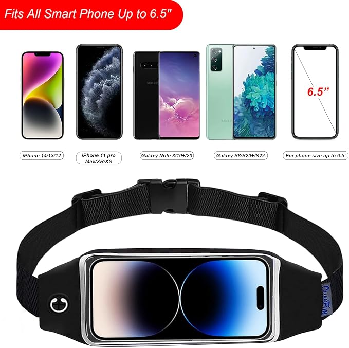 Running Belt for Women Men, Fanny Pack, Belt Bag, Money Belt, Waterproof Workout Waist Pouch Phone Holder with Touchscreen, Gym Running Gift Gear Accessories fits Phones UP to 6.5", Black