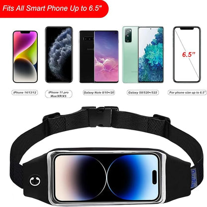 Running Belt for Women Men, Fanny Pack, Belt Bag, Money Belt, Waterproof Workout Waist Pouch Phone Holder with Touchscreen, Gym Running Gift Gear Accessories fits Phones UP to 6.5", Black