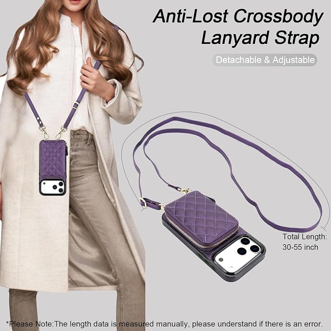 Bocasal Crossbody Wallet Case for iPhone 17 Pro Max, RFID Blocking PU Leather Zipper Handbag Purse Flip Cover, Kickstand Folio Case with Card Slots Holder Wrist Strap Lanyard 5G 6.9 Inch (Dark Purple)
