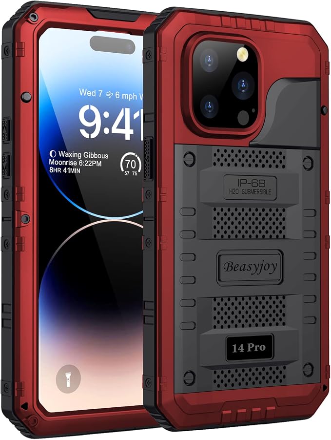 Beasyjoy Waterproof Case for iPhone 14 Pro, Metal Full Body Sealed Phone Case with Built-in Screen Protector, Military Grade Heavy Duty Defender Armor Shockproof Rugged Case 6.1 Inch, Red