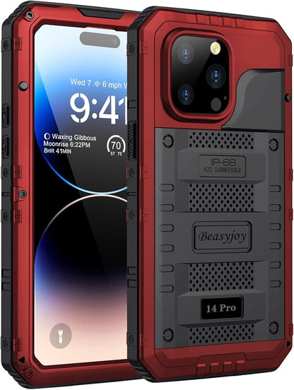 Beasyjoy Waterproof Case for iPhone 14 Pro, Metal Full Body Sealed Phone Case with Built-in Screen Protector, Military Grade Heavy Duty Defender Armor Shockproof Rugged Case 6.1 Inch, Red