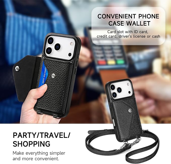 LUCKYCOIN for iPhone 17 Pro Crossbody Wallet Case – Genuine Leather Phone Purse with Adjustable Strap and Card Holder,Lanyard Phone Purse Case for Women,Pebble Grain Black