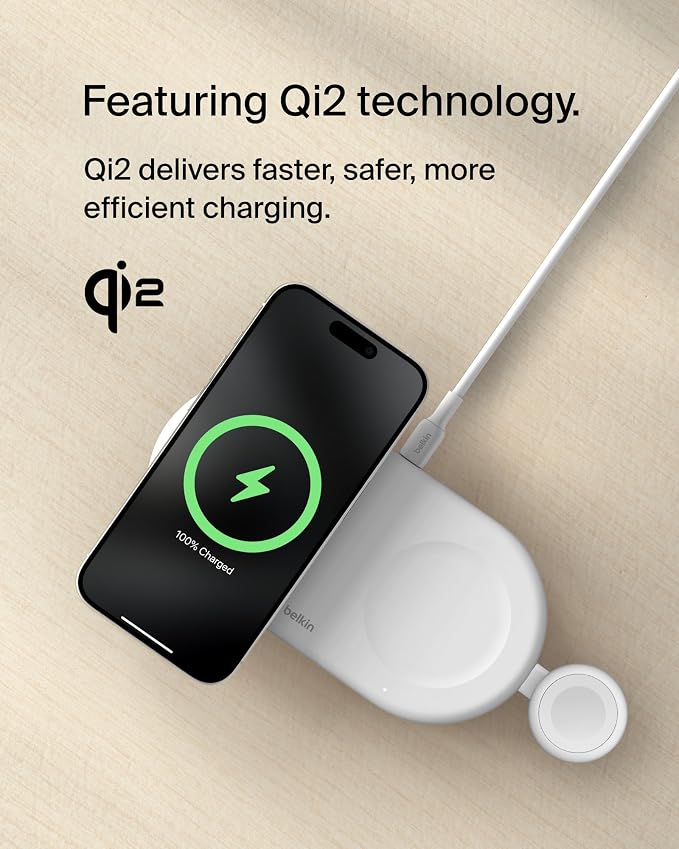 Belkin 3-in-1 MagSafe-Compatible Wireless Charging Pad with Qi2 15W - iPhone Charger - Fast Charging Wireless Charging Station for iPhone 17, 16, & 15 Series, AirPods, Apple Watch, & More - White