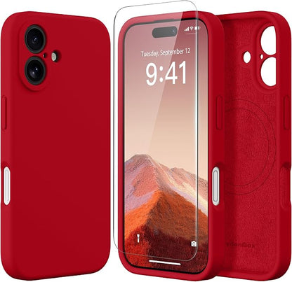 Magnetic for iPhone 16 Plus Case, Compatible with MagSafe, [Full Camera Protection][Screen Protector] Silicone Shockproof Protective Phone Case for iPhone 16 Plus 6.7", Red