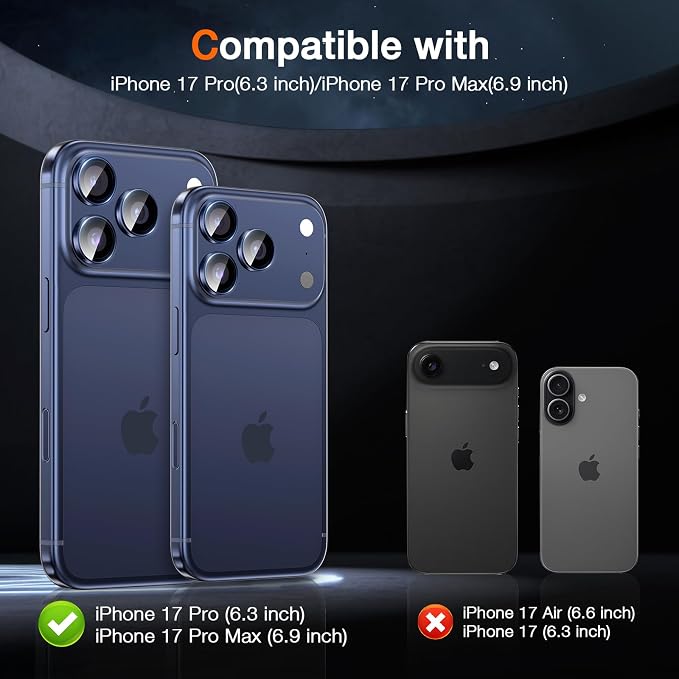 LK for iPhone 17 Pro/17 Pro Max Camera Lens Protector [Top 9H+ Military Grade Shatterproof] One-Click Installation, Ultra-Tough HD, Individual Lens Protectors Scratch-resistant, Deep Blue