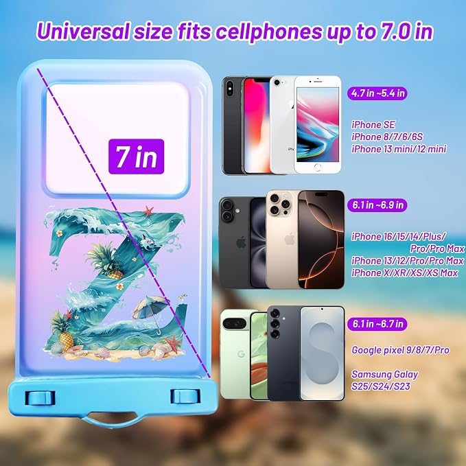Personalized Initial Waterproof Phone Pouch Case - IPX8 Cellphone Dry Bag with Lanyard for iPhone 16/15/14/13/12 Pro Max (6.1–6.9"), Beach & Cruise Ship Essentials with Monogrammed Design (Blue, Z)