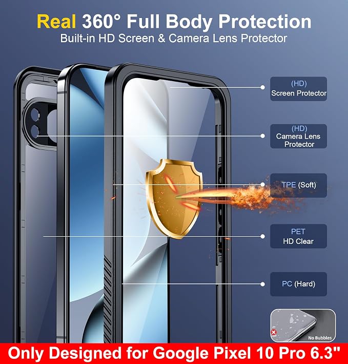 SPIDERCASE ONLY Designed for Google Pixel 10 Pro Case Waterproof, [12FT Military-Grade Drop Protection] IP68 Water Resistance [Anti-Peeping Screen Protector] Full Body Sealed Phone Case 6.3", Black