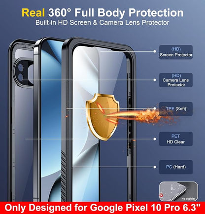SPIDERCASE ONLY Designed for Google Pixel 10 Pro Case Waterproof, [12FT Military-Grade Drop Protection] IP68 Water Resistance [Anti-Peeping Screen Protector] Full Body Sealed Phone Case 6.3", Black