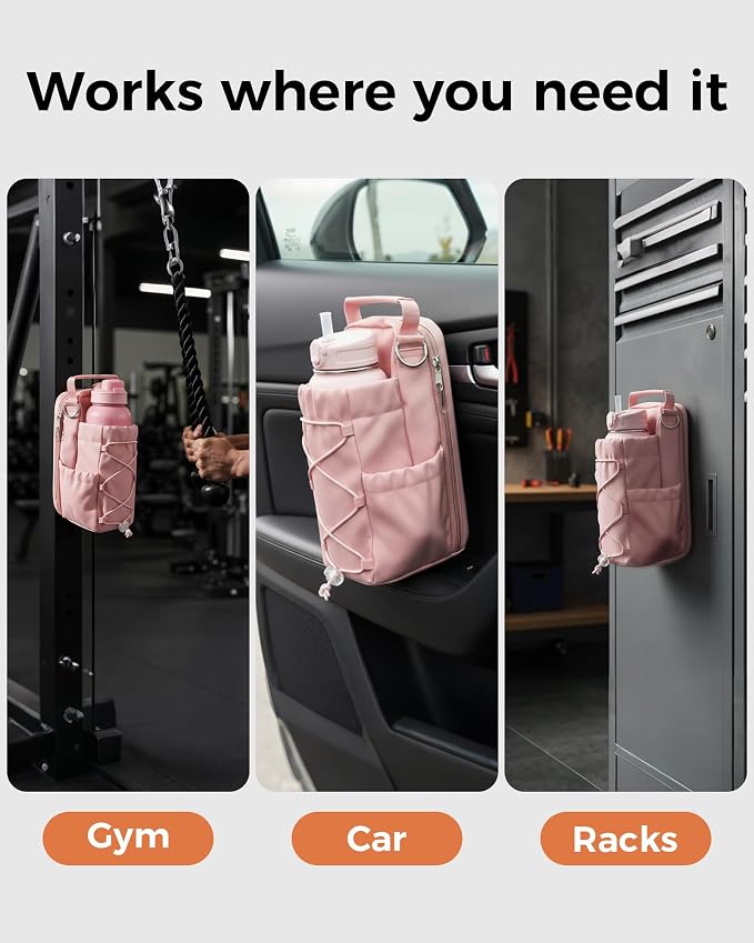Magnetic Gym Bag for Men Women-Water Bottle Carrier Holder with Strap & Phone Pockets for 40oz Tumbler with Handle, 4 Built-in Magnets Small Gym Bag for Sports, (Pink)