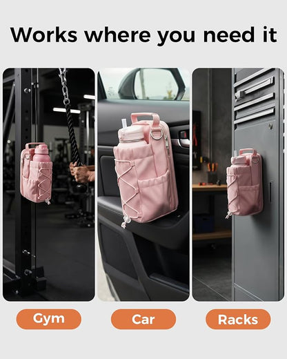 Magnetic Gym Bag for Men Women-Water Bottle Carrier Holder with Strap & Phone Pockets for 40oz Tumbler with Handle, 4 Built-in Magnets Small Gym Bag for Sports, (Pink)