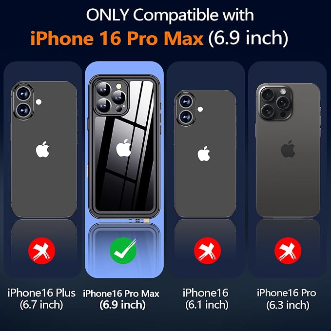 xiwxi for iPhone 16 Pro Max Case Waterproof,[IP68 Underwater][Built-in Screen Protector & Camera Protector][15FT Military Dropproof][Dustproof] Full Body Shockproof Protective Phone Case 6.9"