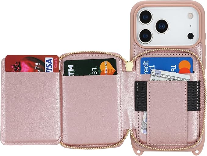 Crossbody Wallet Case for iPhone 17 Pro, PU Leather Zipper Handbag Purse Flip Cover, Kickstand Folio Case with Card Slots Holder Wrist Strap Lanyard 5G 6.3 Inch-Rose Gold
