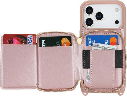 Crossbody Wallet Case for iPhone 17 Pro, PU Leather Zipper Handbag Purse Flip Cover, Kickstand Folio Case with Card Slots Holder Wrist Strap Lanyard 5G 6.3 Inch-Rose Gold