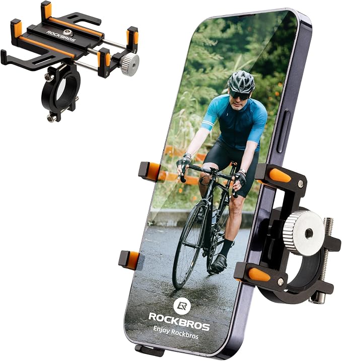 ROCKBROS Bike Phone Holder, Motorcycle Phone Mount, Anti-Shake Cell Phone Holder, 360° Adjustable for iPhone 16, 15 Pro Max/Plus, S9, S10 and More 4.7" to 7" Smartphones，Orange