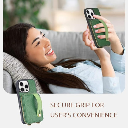 LAMEEKU Compatible for iPhone 16 Pro Max Wallet Case, Zipper Leather Card Slots, Crossbody With Phone Grip Holder Stand Wrist Strap for 6.9 Inch Dark Green