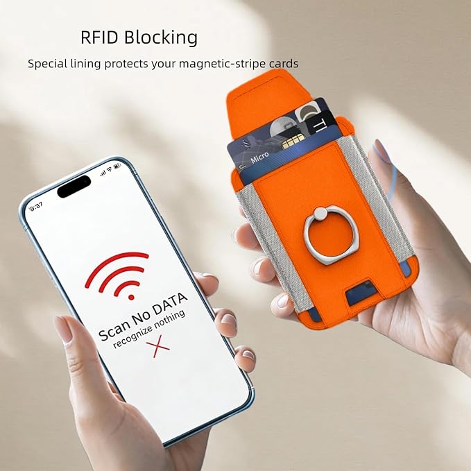 for Magsafe Wallet, Slim Magnetic Card Wallet with Grip, 7 Cards Holder RFID Blocking, Ring Stand Stick on Wallet with Privacy Flap(Orange)