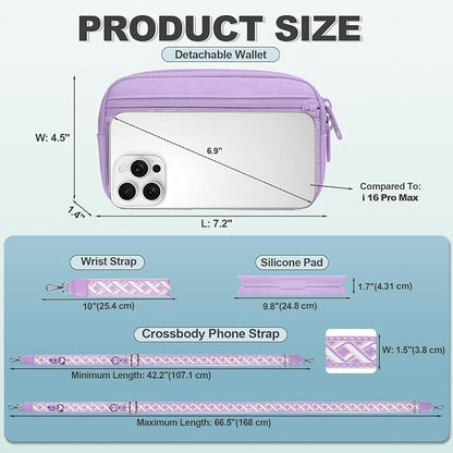 YFWE Clip and Go Strap for Phone with Wallet Crossbody, Adjustable Phone Lanyard with Detachable RFID Wristlet Wallet, Pattern Strap - Purple (L)