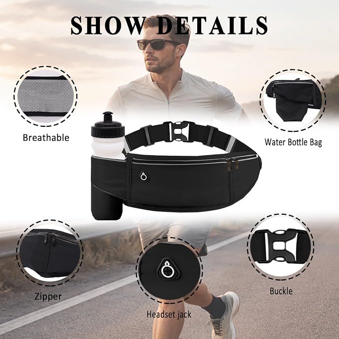Running Belt with Water Bottle Holder,Large Fanny Pack for Men Women Girls Boys Kids Phone Pouch,Waist Bag Fit Hydration Hiking Runner Workout GYM Sport Travel Walking Slim Flat Bum Bag,Black