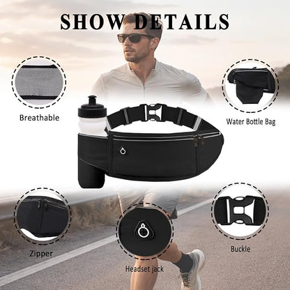 Running Belt with Water Bottle Holder,Large Fanny Pack for Men Women Girls Boys Kids Phone Pouch,Waist Bag Fit Hydration Hiking Runner Workout GYM Sport Travel Walking Slim Flat Bum Bag,Black
