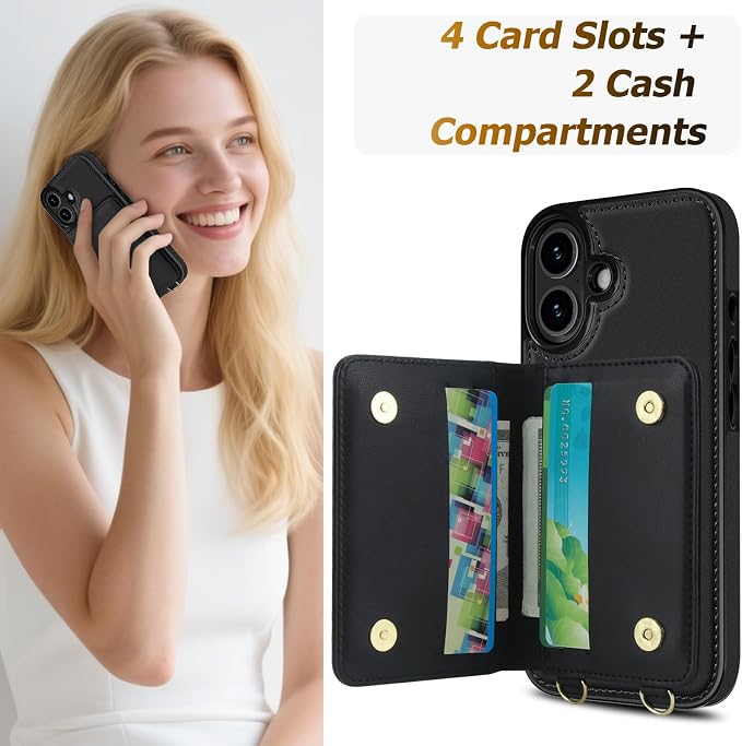 LOHASIC for iPhone 17 Case Wallet with Detachable Crossbody Strap & Wrist Lanyard, RFID Blocking, 4 Card Slots 2 Cash Pockets, Leather Case with Card Holder for Women Girls, Black