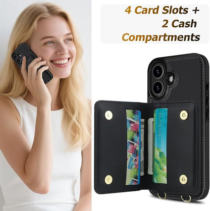 LOHASIC for iPhone 17 Case Wallet with Detachable Crossbody Strap & Wrist Lanyard, RFID Blocking, 4 Card Slots 2 Cash Pockets, Leather Case with Card Holder for Women Girls, Black