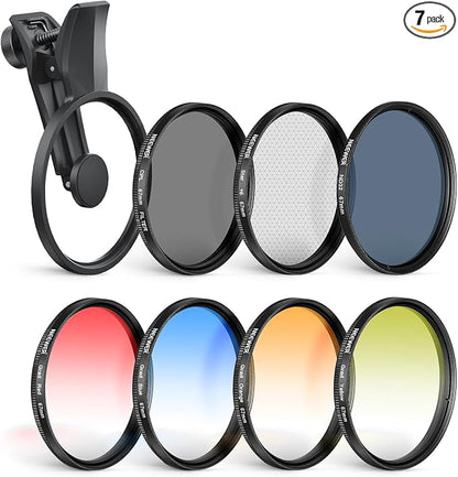 NEEWER 67mm 7 Pack ND Filter Set Compatible with Android Samsung Google Huawei Xiaomi Phone, Clip On CPL+ ND32 + Starlight + GND (Red/Orange/Yellow/Blue) Photography Accessories Kit with Case, FL-P14