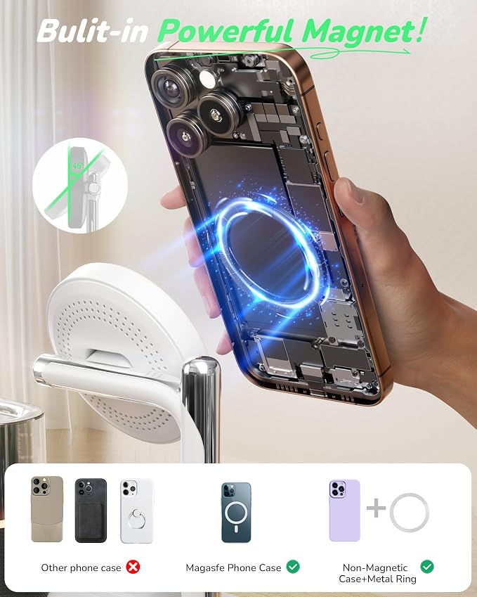 Compatible with Qi2 Certified Wireless Charging Station with Alarm Clock and Night Light,15W Fast 5 in 1 Mag-Safe Charger Stand for iPhone 16 15 14 13 12 Pro Max,Apple Watch,Air-Pods(White)