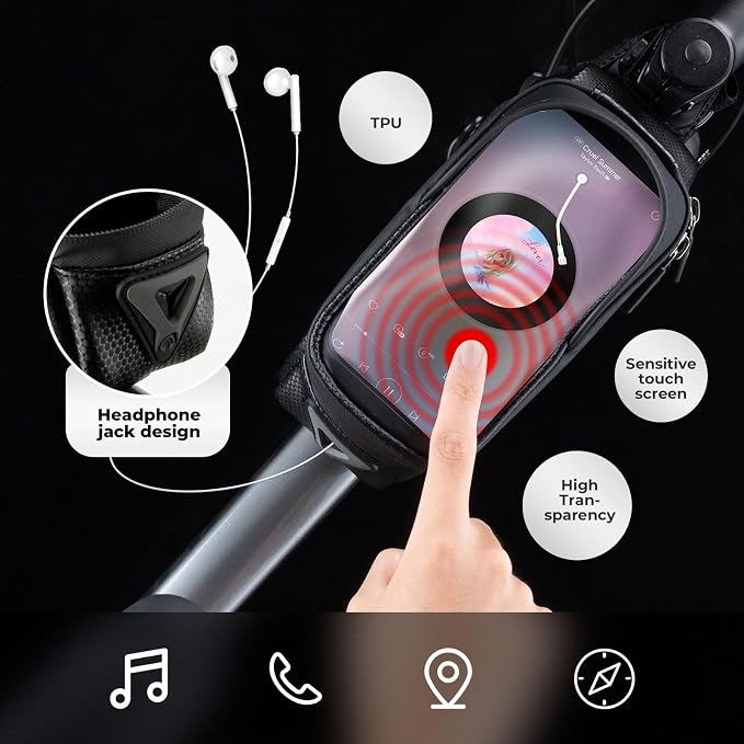 ROCKBROS Bike Phone Mount Racks & Bag, EVA Waterproof Bike Phone Holder Top Tube Front Frame Bag Bicycle Accessories Pouch for Phones Under 6.3” (Black-1.3L)