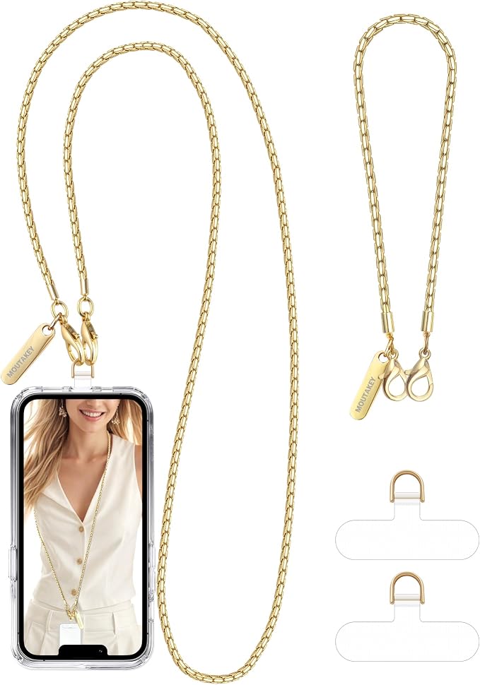 MOUTAKEY Metal Cell Phone Chain Set Detachable iPhone Chain Strap Fits All Phones Crossbody Phone Lanyard*1 Phone Wrist Strap*1 with 2 Tether Tabs iPhone Wristlet For Women Travel Shopping Camping