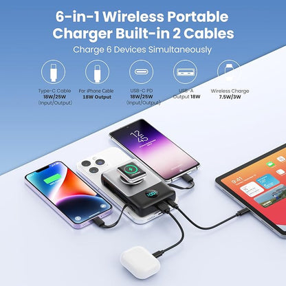 6 in 1 Magnetic Portable Charger for iPhone with Built-in Cables, 10800mAh 25W PD Fast Charging Power Bank, 6 Outputs LCD Display Travel Essential Battery Pack for iPhone 17/16/15/14/13/12,Apple Watch
