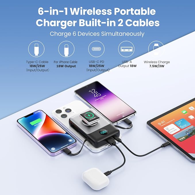 6 in 1 Magnetic Portable Charger for iPhone with Built-in Cables, 10800mAh 25W PD Fast Charging Power Bank, 6 Outputs Travel Essential Battery Pack for iPhone 17/16/15/14/13/12 Series,Apple Watch