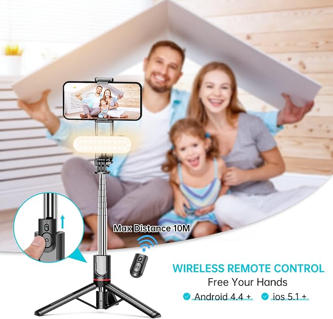 Stable Selfie Stick Tripod with Fill Light, 44 Inch Extendable Selfie Stick with Wireless Remote and Tripod Stand 360 Rotation for iPhone 15/14/13/12/11 Pro/XS Max/XS/XR/X/8/7, Samsung and Smartphone