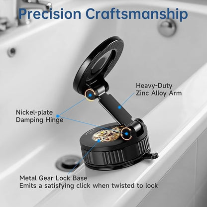 Vacuum Magnetic Shower Phone Holder for Mirror/Tile/Glass/Wood, 360° Adjustable Mirror Phone Holder for Shower/Bathroom/Office/Car with Suction Cup, Shower Phone Mount for iPhone MagSafe and Android