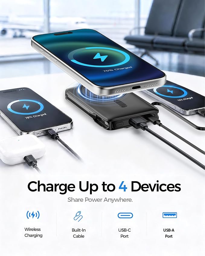 for MagSafe Power Bank iPhone,22.5W Fast Charging Magnetic Portable Charger | Detachable Built-in USB-C,Foldable Stand,14N Strong Magnetic Hold,4-Device Charging,10000mAh Wireless Power,LED Display,White