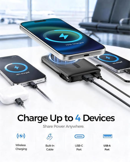 for MagSafe Power Bank iPhone,22.5W Fast Charging Magnetic Portable Charger | Detachable Built-in USB-C,Foldable Stand,14N Strong Magnetic Hold,4-Device Charging,10000mAh Wireless Power,LED Display,White