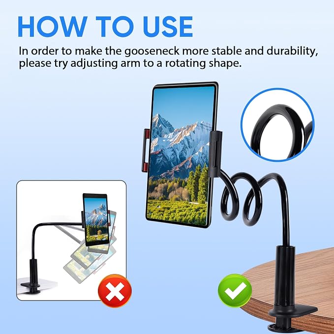 Gooseneck Tablet Holder for Bed, Tablet Stand Clamp Flexible Long Arm Adjustable Lazy Bracket for Desk Phone Mount, Compatible with iPad mini, for Kindle, for Switch, for All 4" - 9" Devices