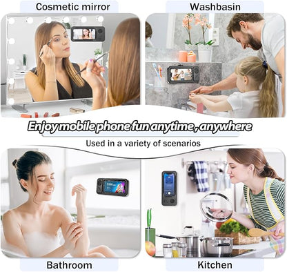 Shower Phone Holder with Wireless Bluetooth Speaker,2026 New Waterproof 480 Rotation Viewable Shower Phone Case Speaker for Any Phone, Wall Mounted Phoneholder Stand for Bathroom Mirror (Black)