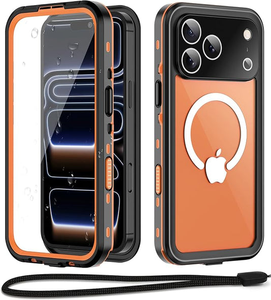 Beasyjoy for iPhone 17 Pro Case Waterproof, Built-in Screen Protector & Full Body Protection, Heavy Duty Rugged Military Shockproof Dustproof Case for Outdoor, Compatible with MagSafe, 6.3 inch Orange