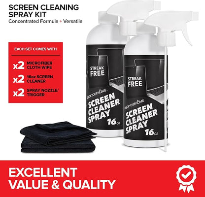 16oz Screen Cleaning Kit with Spray and Micro-Fibre Cloth Wipe (2 Pack) for Car Screens, Computer Screens, Laptops, iPads & Phones; Touchscreen Electronics Cleaner to Erase Dust or Fingerprints