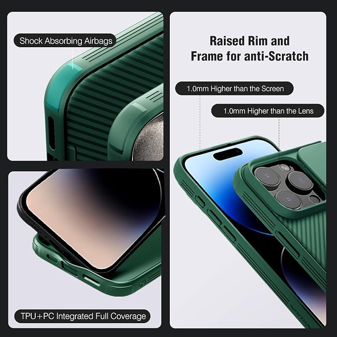 Nillkin for iPhone 16 Pro Max Case with Slide Camera Cover, [Full Camera Protection][Anti-Scratch] Military-Grade Protection, Anti-Fingerprint, Slim Phone Case for iPhone 16 Pro Max 6.9'' Green