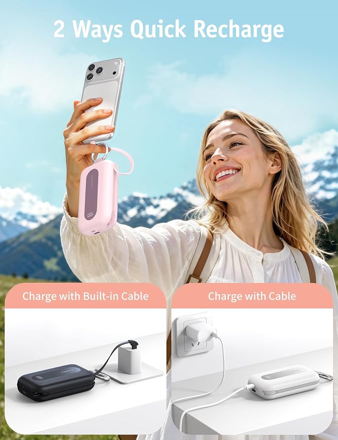RORRY CharmGo Portable Charger 20000mAh 30W Power Bank 4 in 1 Battery Pack | Built-in Cables,Fast Charging,Keychain,Travel Essentials,Portable,for iPhone 17/16/15/14/13,for iPad Air/Pro,for AirPods