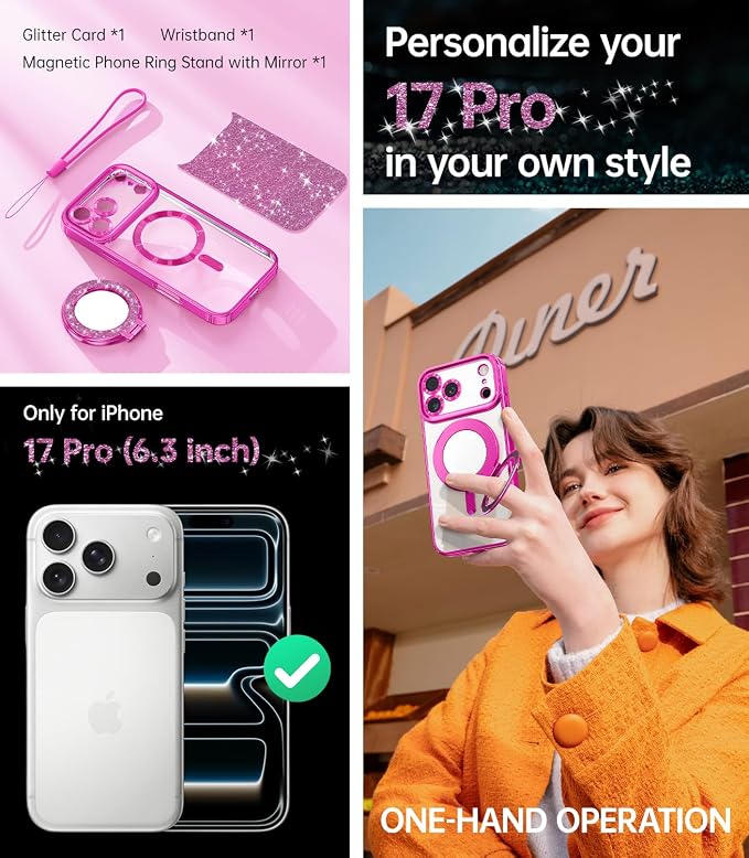 Meifigno Designed for iPhone 17 Pro Magnetic Case with Removable Phone Ring Stand, [Glitter Card & Wrist Strap] [MagSafe Compatible] [Built-in Mirror] Phone Ring Stand + Phone Case Kit, Hot Pink