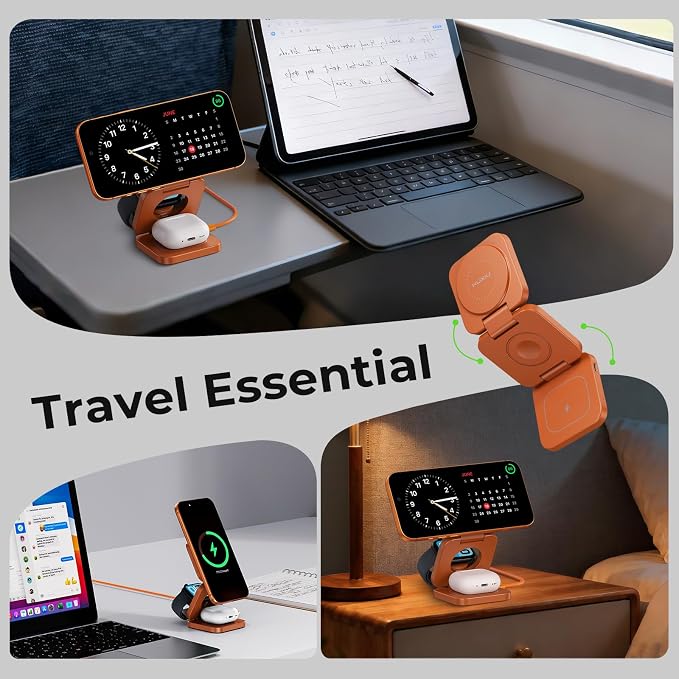 KU XIU Qi2.2 25W 3-in-1 Charging Station for Apple Device, Foldable Magnetic Charger for iPhone 17/16, 5W for Apple Watch & AirPods, Fast Travel Wireless Charging Stand with 45W Adapter