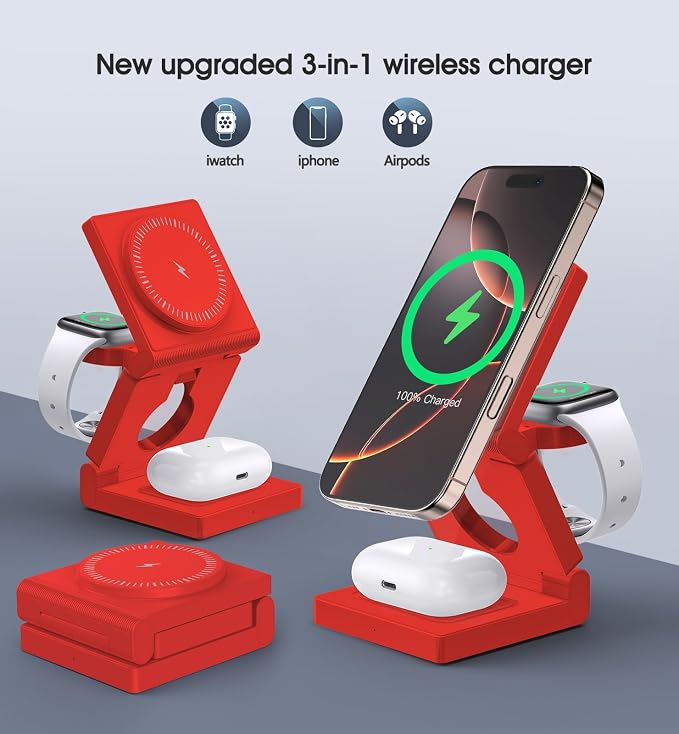 3 in 1 Wireless Charging Station for Apple Multple Devices - Foldable Magnetic Wireless Charger Dock -Travel 18W Charging Pad for iPhone 16 15 14 13 12 Pro/Pro Max/Plus/Watch & Airpods All Series Red
