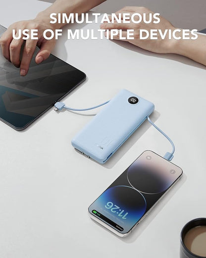 VRURC Portable Charger, Power Bank Built-in Cables and AC Wall Plug | USB C Power Bank 10000mAh, Travel Essentials Phone Charger Compact External Battery Pack For Smart Phones, Tablets etc-Blue