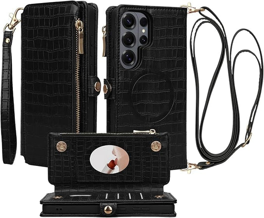Crossbody Wallet Case for Samsung Galaxy S26 Ultra with Mirror, Wrist Strap, Zipper Purse Magnetic Flip, RFID Blocking Card Holder, PU Leather Shockproof Women (Black)