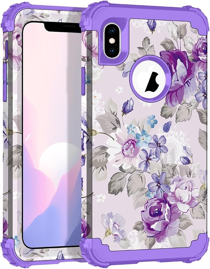 Hocase for iPhone Xs Max Case, Heavy Duty Shockproof Protection Soft Silicone Rubber+Hard Plastic Bumpers Hybrid Protective Case for iPhone Xs Max (6.5") 2018 - Lavender Flowers