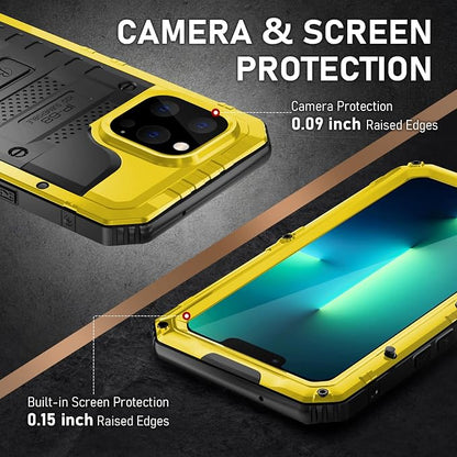 Beasyjoy Waterproof Case for iPhone 13 Pro, Full Body Protective Cover with Built-in Screen Protector, Heavy Duty Metal Rugged Shockproof Dustproof Defender Phone Case 6.1 Inch, Yellow