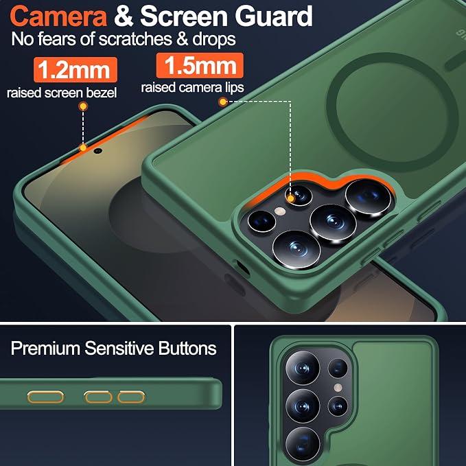 MOZOTER for Samsung Galaxy S25 Ultra Case,[Compatible with MagSafe] Green | [12Ft Military Dropproof][2*Screen Protector]Translucent Anti-Slip Back Slim Shockproof Case for S25 Ultra-Green